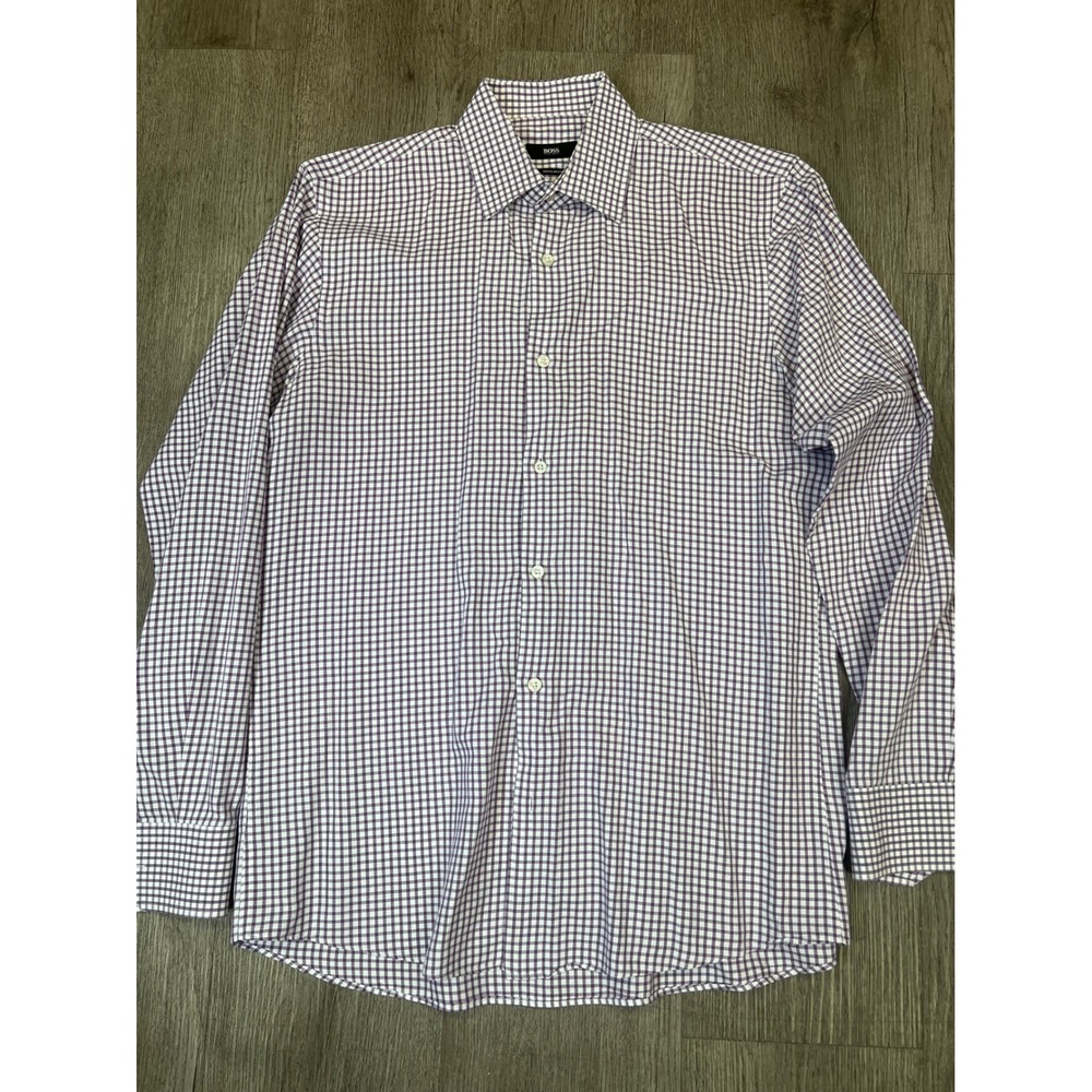 Hugo Boss Mens Regular Fit Gingham Check Button Down Shirt Purple White L